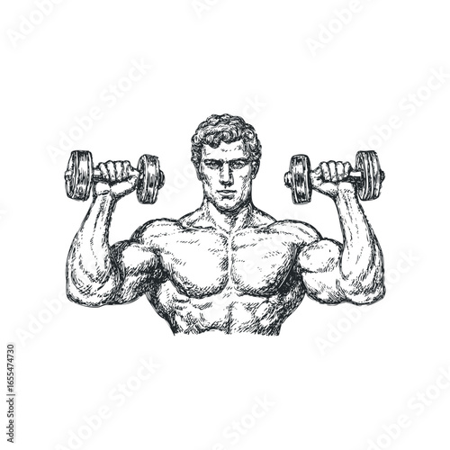 Muscular man lifting dumbbells in a sketch style