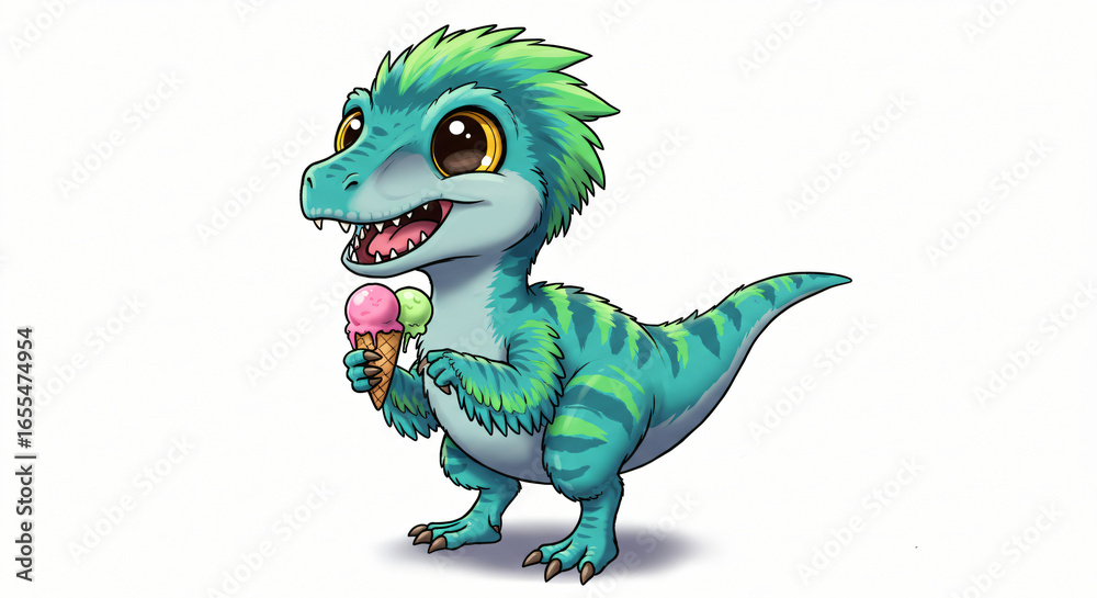 Fototapeta premium Little Dinosaur with a Sweet Treat: A fun and playful character illustration of a baby velociraptor with furry-like feathers, enjoying a cool snack on a hot day