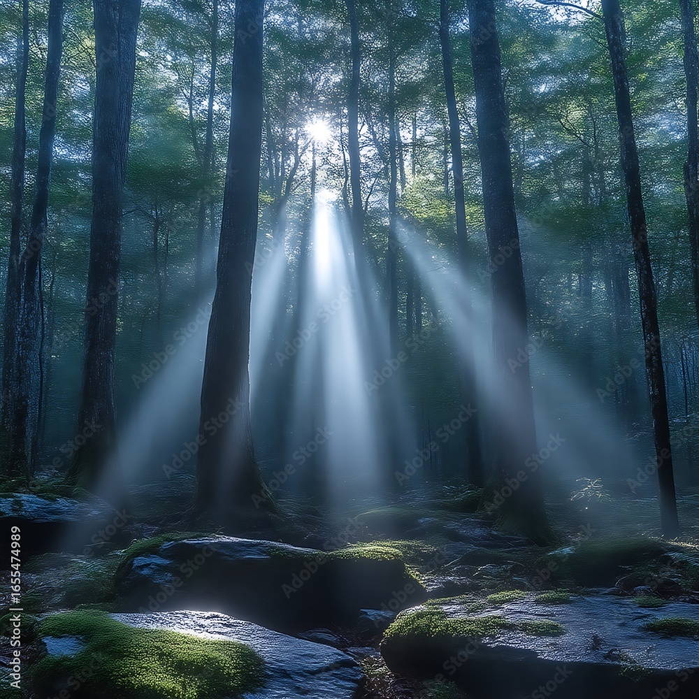 Obraz premium Sunlight streams through a misty forest.