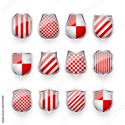 Glossy shields with red and black white. Security and protection concept. Cyber safety icons, internet privacy, web defense, digital data protection and antivirus themes. Vector illustration