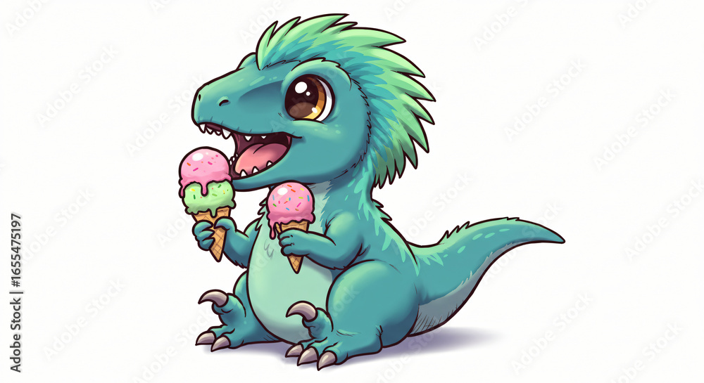 Fototapeta premium Baby Dinosaur Enjoying Ice Cream: A whimsical and sweet cartoon drawing of a smiling, teal-colored baby raptor with big eyes, holding a delicious ice cream cone