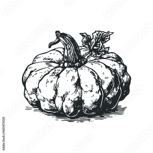 Detailed ink sketch of a ripe pumpkin with textured rind and leaves
