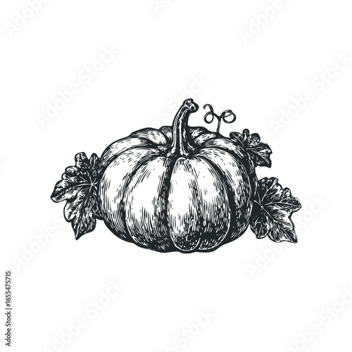 Hand Drawn Sketch of a Pumpkin with Leafy Tendrils