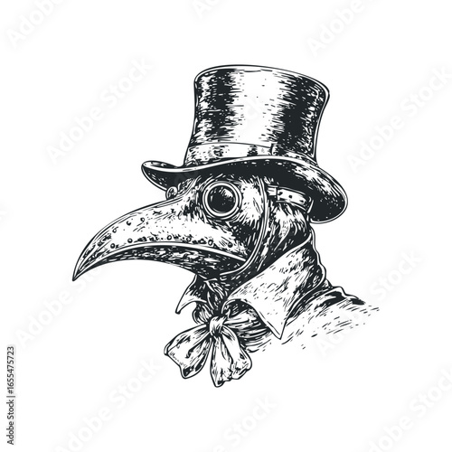 Vintage plague doctor in a top hat and mask with bowtie