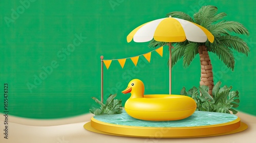A vibrant, 3D summer scene depicts a yellow inflatable duck ring on a circular platform, set against a backdrop of a sandy beige surface and a bold, textured green background.