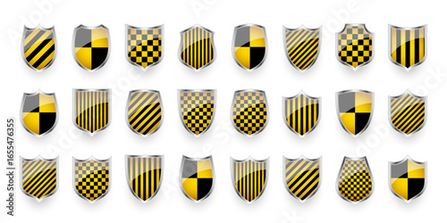 Glossy shields with yellow and black pattern. Security and protection concept. Cyber safety icons, internet privacy, web defense, digital data protection and antivirus themes. Vector illustration