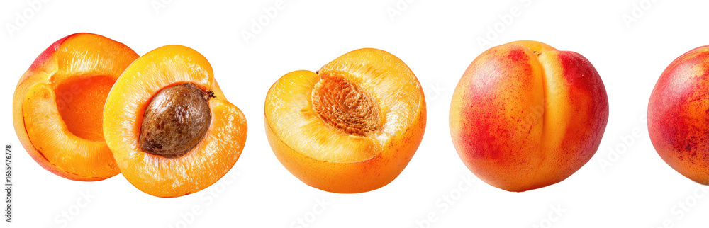 Fototapeta premium Four halved apricots and peaches, isolated