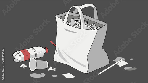 LitterFilled Shopping Bag on Gray Background.