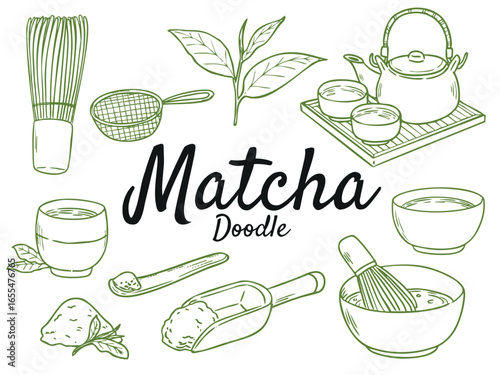 Set of hand drawn matcha green tea doodle illustration