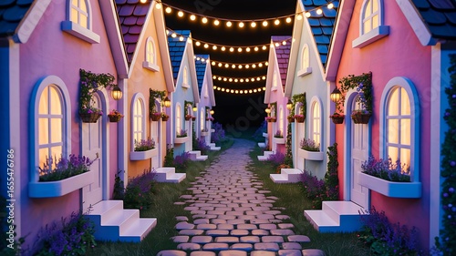 Fototapeta Naklejka Na Ścianę i Meble -  Colorful houses with glowing lights on cobblestone street at night