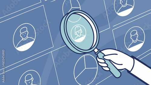 Magnifying Glass Focusing on Female Profile Among Data Charts.