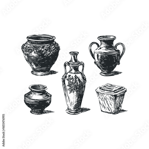 Collection of Ancient Ceramic Vases and Vessels Hand Drawn Sketch