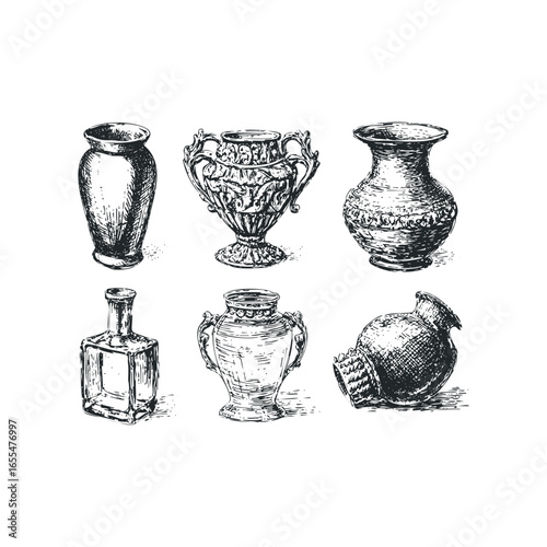 Collection of sketched antique amphorae and bottles