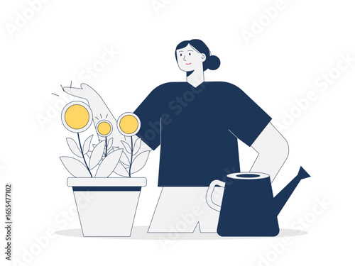 Woman with investment return. Trading illustration. Character design. Flat vector illustration.