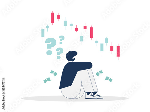 Man sitting dizzy from losing money when trading. Trading illustration. Character design. Flat vector illustration.