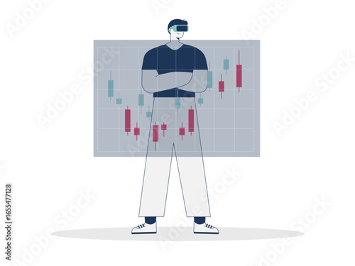 Man monitoring financial analysis data using virtual reality. Trading illustration. Character design. Flat vector illustration.