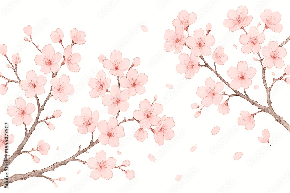 Fototapeta premium Delicate pink floral branches painted in watercolor style with petals gently falling down softly.