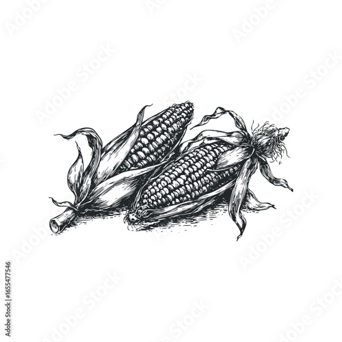 Two detailed ear of corn with husks in a vintage engraving style