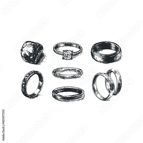 Collection of hand-drawn engagement and wedding rings on a white background
