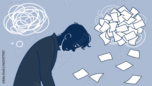 Overwhelmed Man with Papers and Confused Thoughts Illustration.