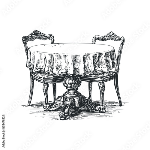 Ornate Table and Chairs Sketch with Drapery