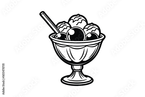 Ice cream sundae in a glass dish with a spoon silhouette isolated on white background