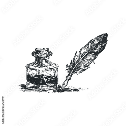 Inkwell with Quill Pen Dipped in Ink