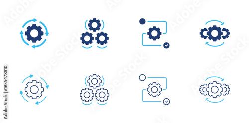 Process icon set. Containing gear rotation, workflow system, integration, and automation icons. Solid and Line icon collection.