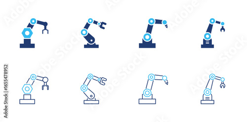Robotic arm icon set. Containing automation machine, industrial robot, mechanical tool, and factory equipment icons. Solid and Line icon collection.