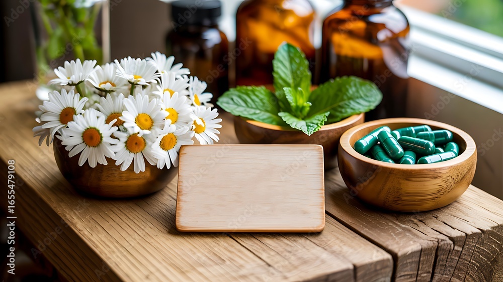 Fototapeta premium Herbal medicine with chamomile flowers mint leaves and capsules on wooden table