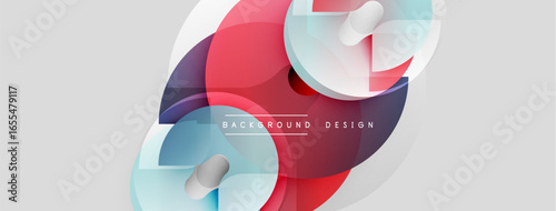 Abstract geometric shapes overlap, creating vibrant red, blue hues. Soft gradients, smooth transitions define modern design. Minimalist aesthetic.