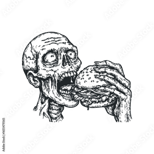 Ghastly skeletal figure ravenously devouring a large burger