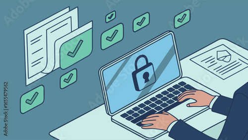 Secure Data Management Illustration with Laptop and Padlock.