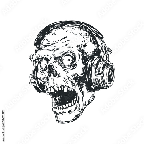 Disturbing Skull with Headphones Making Loud Music Noise
