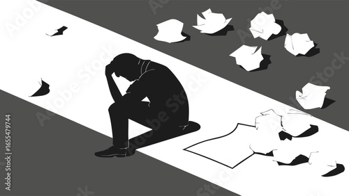 Silhouette of a Despondent Man Surrounded by Crumpled Paper.