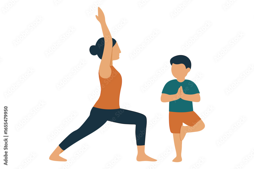 Fototapeta premium Woman and Child Practicing Yoga Together in Warrior One and Tree Pose on a White Background Illustrative Style