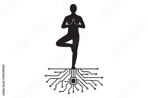 Symbolic Fusion Yoga Pose Above Circuitry Exploring Digital Connectivity and Inner Peace in a Modern Technological World Silhouette