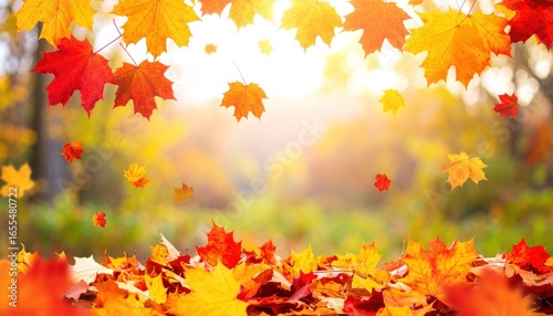 Vibrant Autumn Leaves Falling in Sunlit Forest