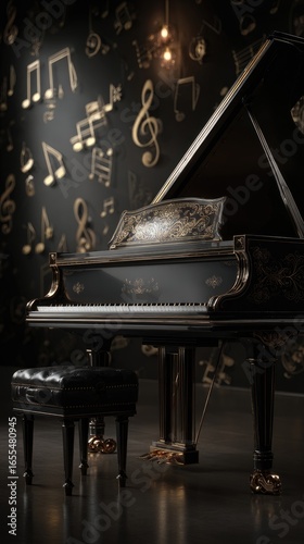 Piano at Night with Musical Notes
