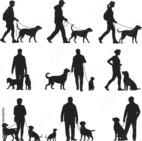 Silhouettes of people walking dogs, various poses, pet owners with dogs, outdoor activity, companionship, leisure, animal care, black figures, white background