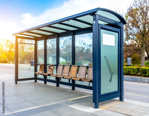 Modern bus stop under a partly cloudy sky