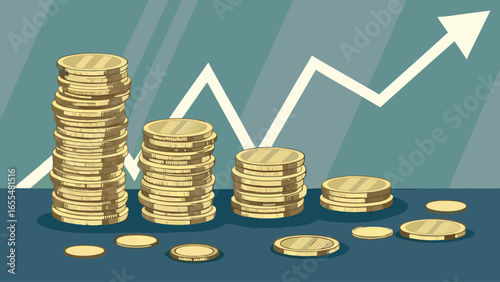 Stacks of Gold Coins Showing Financial Growth.