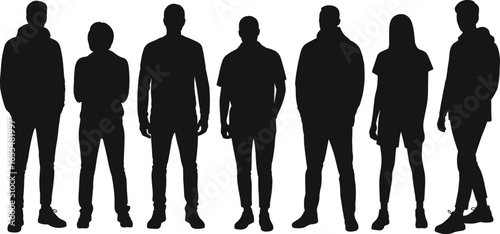 Silhouettes of seven people standing in a row, varied heights and clothing, human diversity, posture, black figures, white background, illustration