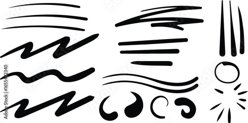 Collection of black hand drawn brush strokes and shapes on white background abstract artistic