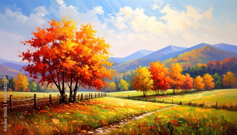 Naklejka premium Vibrant Autumn Landscape Painting