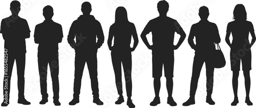 Silhouettes of seven people standing in a row, varied postures and clothing styles, human diversity, body language, fashion, black figures, white background, illustration
