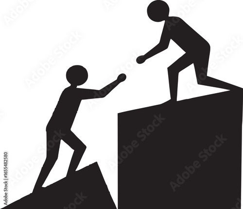 A silhouette of two people helping each other ascend a difficult path, isolated on a white background.