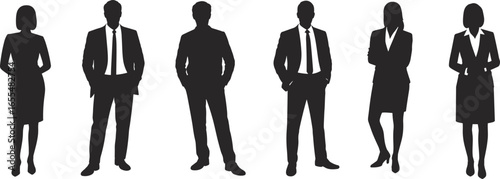 Silhouettes of six business professionals standing in a row, corporate attire, teamwork, leadership, collaboration, career success, modern office environment