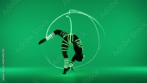 Silhouette of a flexible performer bound in glowing ropes, contorting within a luminous green circle.