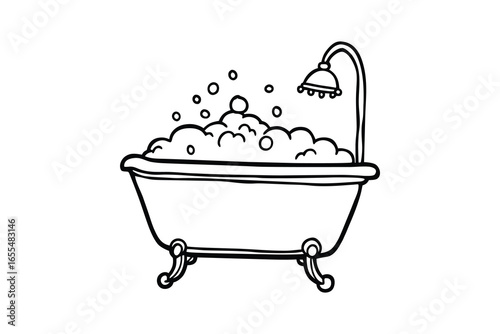 Bathtub filled with bubbles and shower silhouette isolated on white background